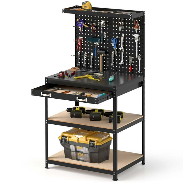 Gymax 32'' x 16'' Workbench w/ Pegboard 20PCS Tool Hooks Drawer & Open Shelves Black