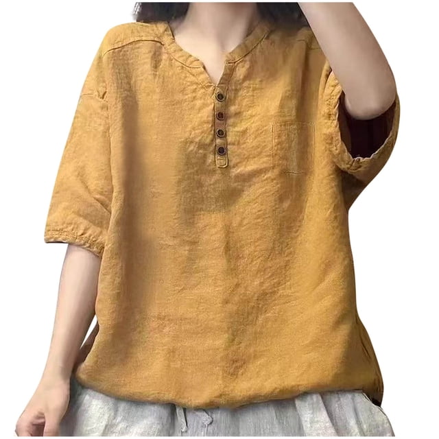 Timegard Hauts d'Été pour Femmes Col Montant Boutons Ample Léger Décontracté Manches Courtes Blouse