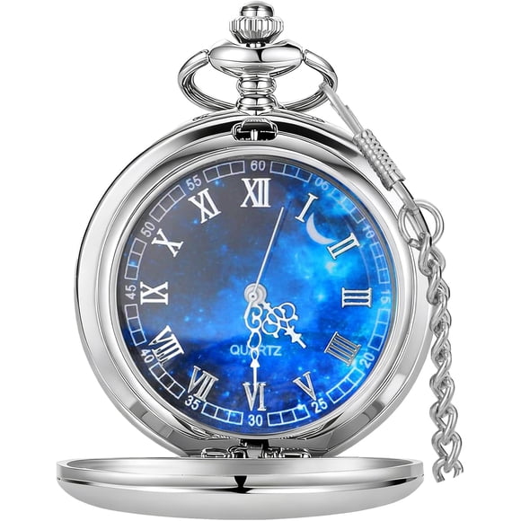 Tiong Vintage Pocket Watch Smooth Steel Roman Numerals/Blue Starry Design Quartz Pocket Watches with Chain for Men Women