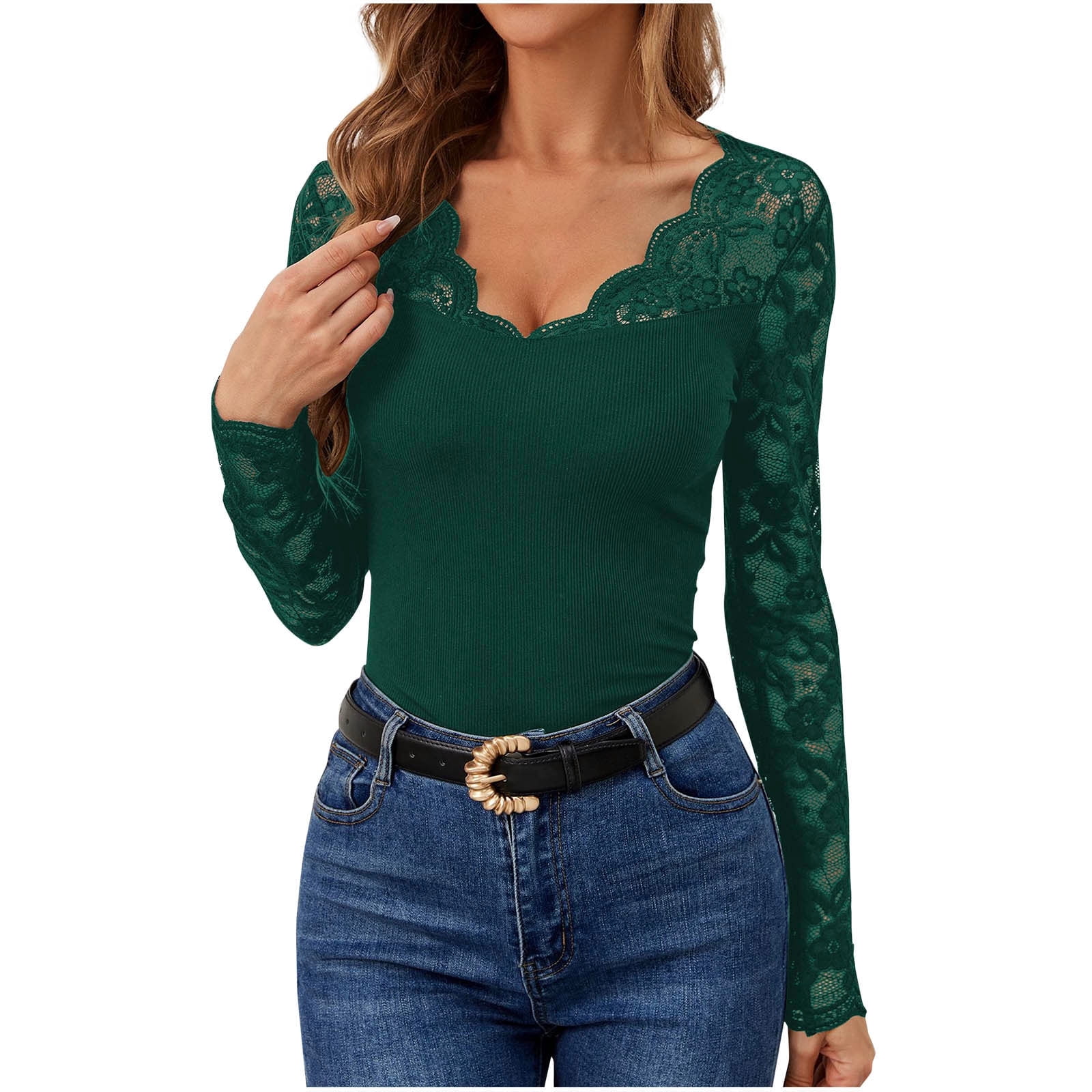 sidelace piony tops　yilon yillto Women's Lace Shirts V Neck Lace Long Sleeve Tops Slim