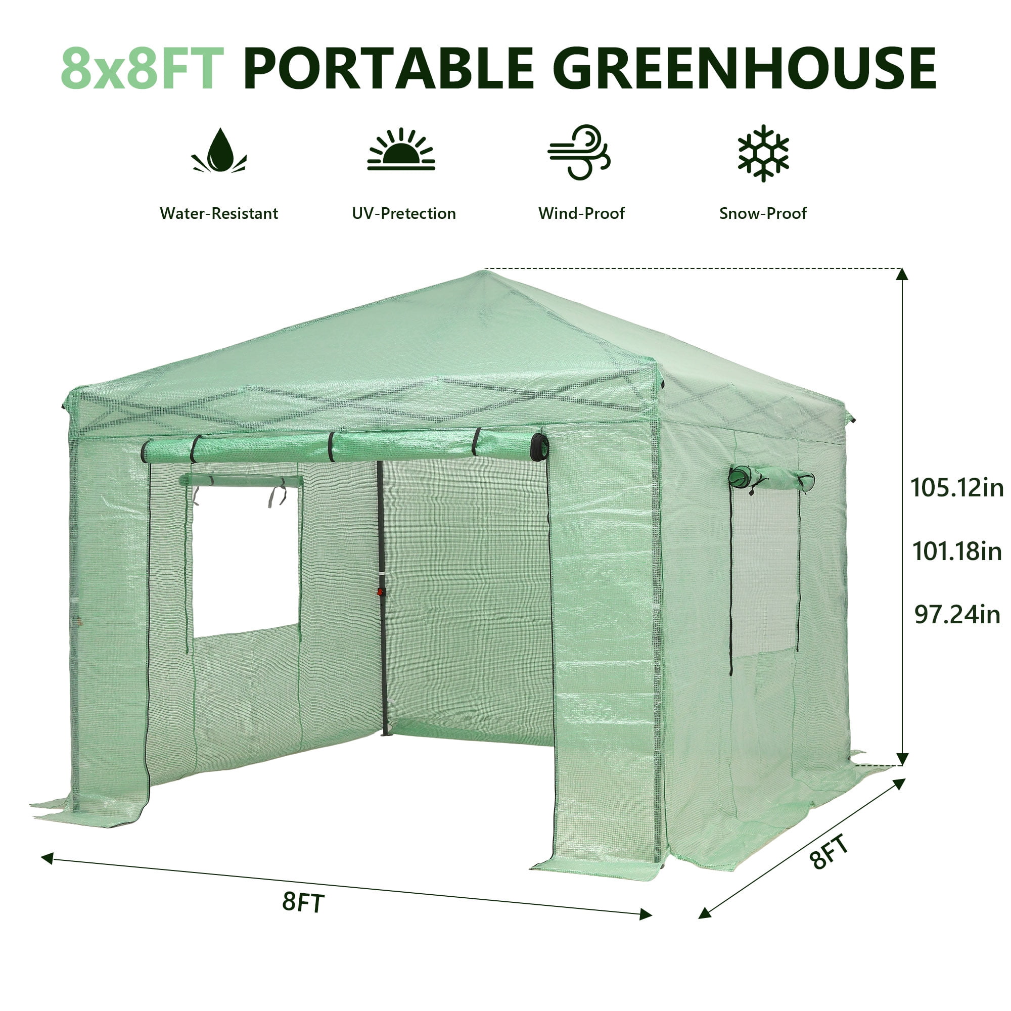 Ainfox 8x8 Ft Walk-in Greenhouse, Instant Pop Up Green House for Outdoors with Zippered Door and Roll-up Windows, PE Cover, Portable and Easy Assemble