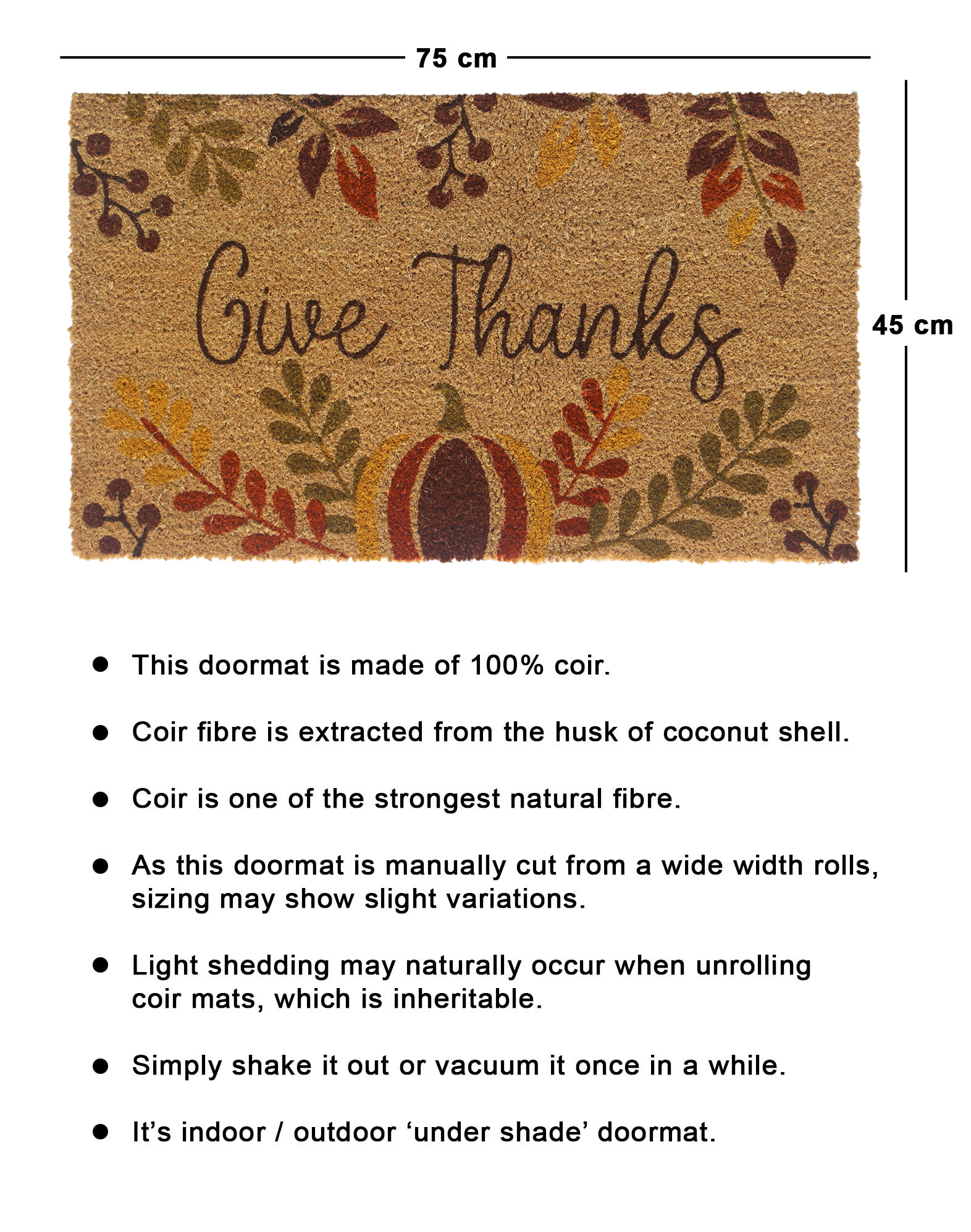 RugSmith Anti-Slip PVC Coir Machine Doormat Tufted Give Thanks, Natural, 18"x30"