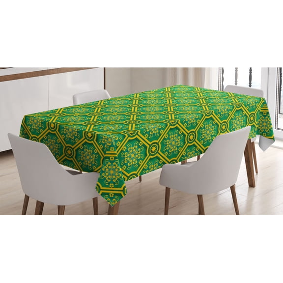 Floral Tablecloth, Strokes and Motifs in Bicolour Ornamental Details Pattern, Rectangle Satin Table Cover Accent for Dining Room and Kitchen, 60" X 84", Jade Green Earth Yellow, by Ambesonne