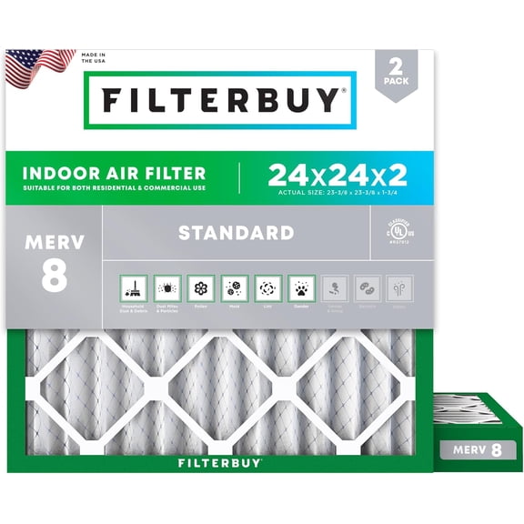 Filterbuy 24x24x2 Air Filter MERV 8 Dust Defense, Pleated HVAC AC Furnace Filter Replacement, 2-Pack