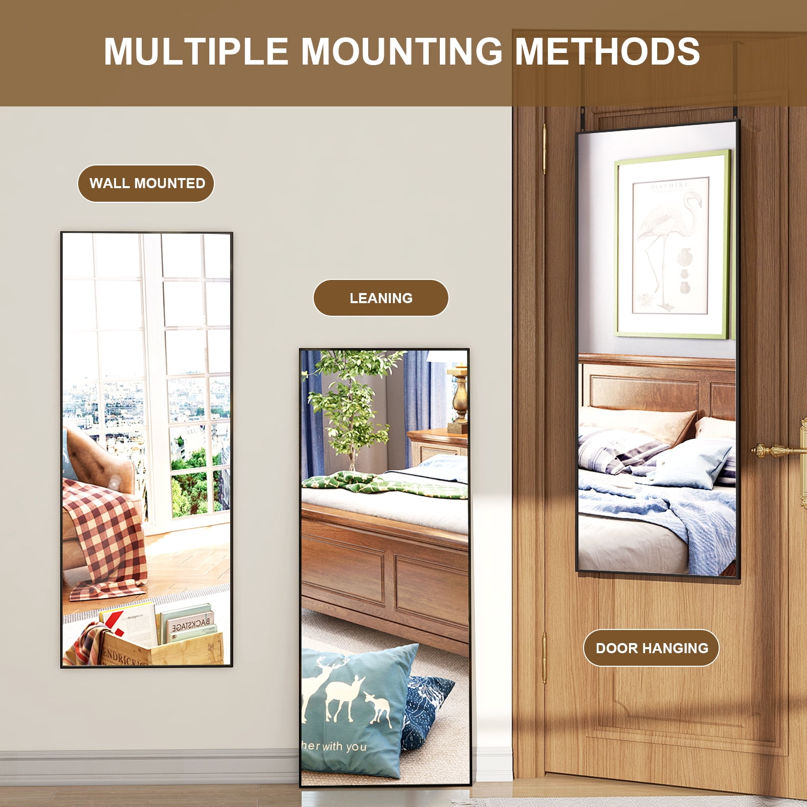 Anyrose 48"x14" Full Length Mirror Over The Door Mirror Wall Mounted, Black