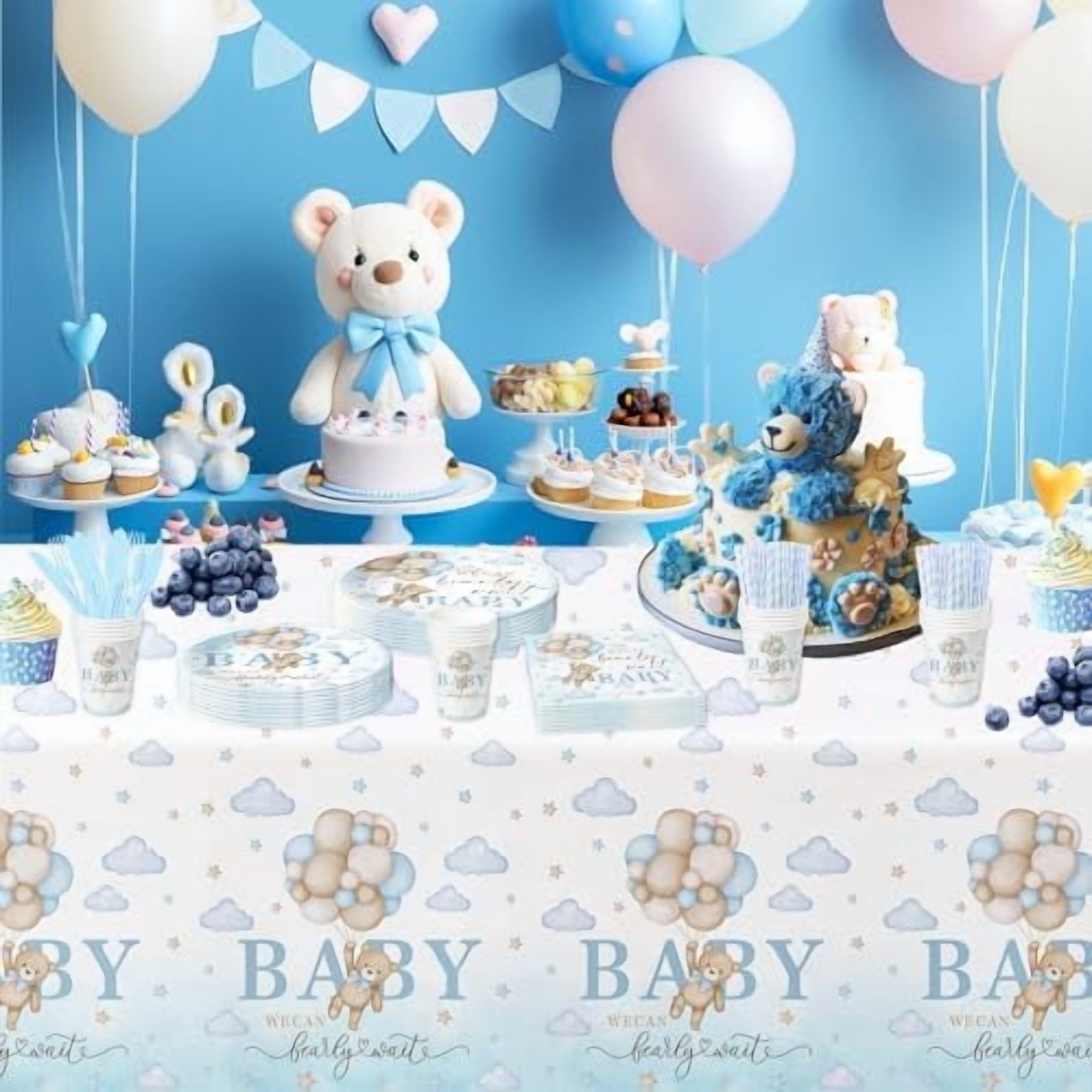 Bear Baby Shower Decorations Boy Tableware - Blue Bear We Can Bearly Wait Baby Shower Decorations Party Supplies, Paper Plate, Napkin, Cup, Cutlery, Tablecloth, 24 Guests$$