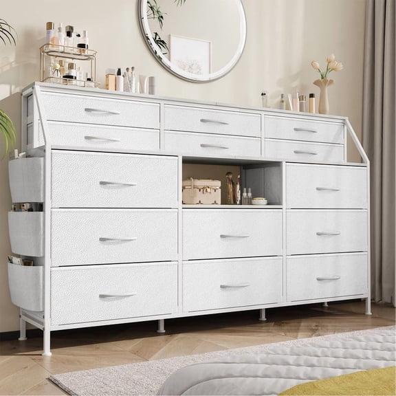 TROPOW 14-Drawer Fabric Dresser TV Stand with Wood Top & Metal Frame, Double Storage Cabinet with Open Shelves for Living Room, Bedroom, Closet Organization