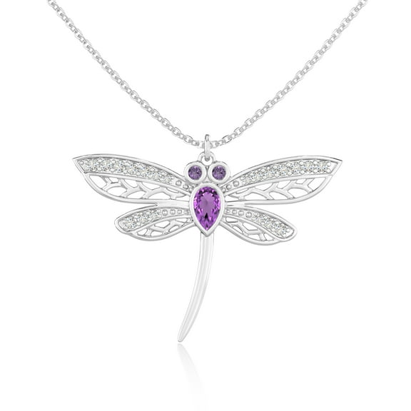 Natural Amethyst with Moissanite Dragonfly Shape Pendant Necklaces for Women in Sterling Silver,February Birthstone Jewelry Gift Her Birthday,Wedding Anniversary,Mothers Day,Christmas,Valentines