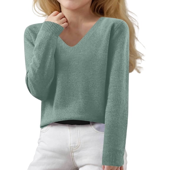 LYHaoo Girls Long Sleeve Knit Sweaters Kids Casual Loose V Neck Cute Winter Pullover Sweaters 10-11 Years(Green)
