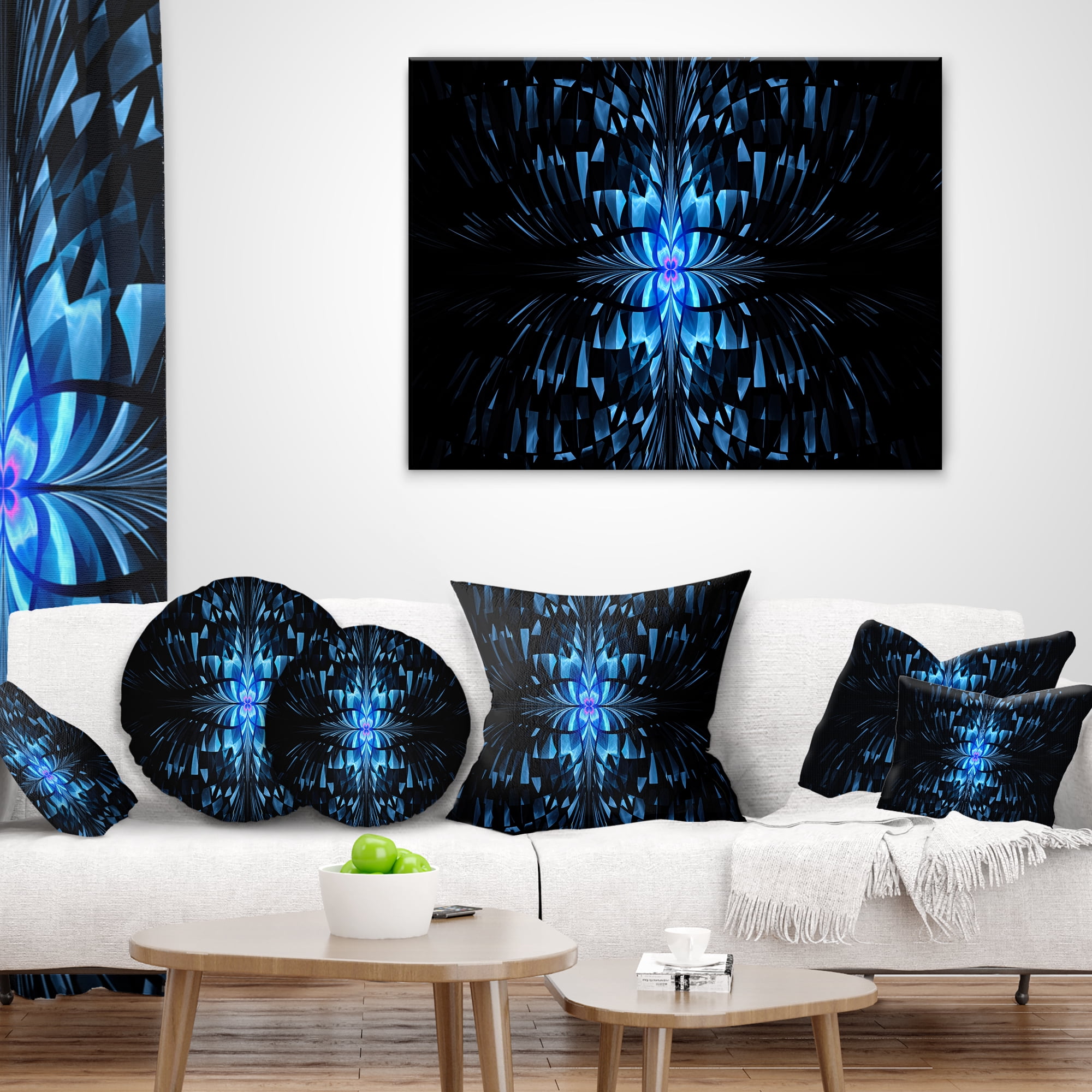 Designart Blue Butterfly Pattern on Black - Abstract Throw Pillow - 12x20