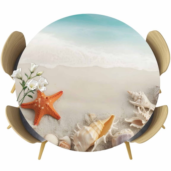 Oceans Beach Sea Shell Starfish Fitted Round Tablecloths Table Covers 55"-60",Waterproof Table Cloth for Kitchen Holiday Party Tables Decor