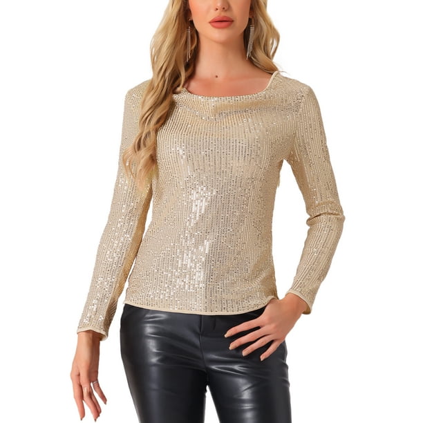 INSPIRAR CHIC Blusas de lentejuelas brillantes para mujer con cuello de cowl y mangas largas, ropa de club M Champagne Gold
