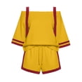 thumbnail image 6 of Karymi Summer Sets for Women Tracksuit 2 Piece Outfit, Contrast Off Shoulder Short Sleeve Striped Cuff Baot Neck Top & Elastic Drawstring Waist Side Trim Shorts Rompers for Women, 6 of 7