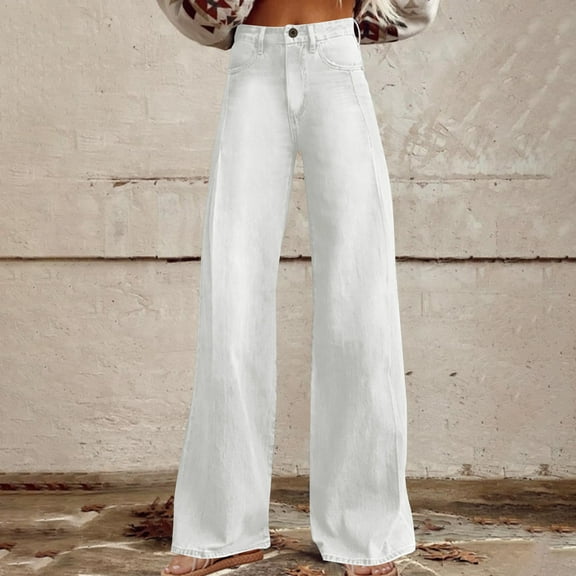 PiGOGI Women's Casual Straight Leg Jeans - Button Pocket Pants with Comfortable Fit for Everyday Wear White XL