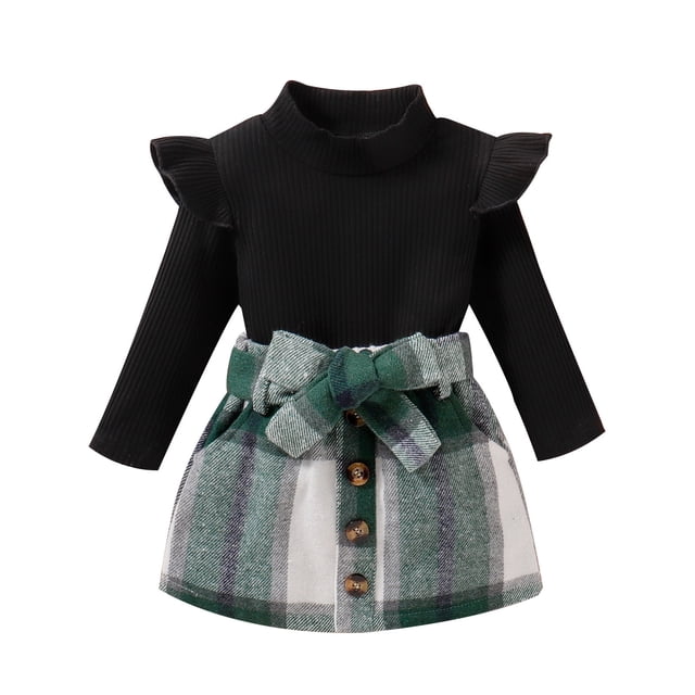 Vestido Para Niñas Ropa Para Niñas Bebés Otoño Invierno Blusas Con Cuello Redondo Falda Moda Conjunto De Dos Piezas Negro Odeerbi LM103-8129