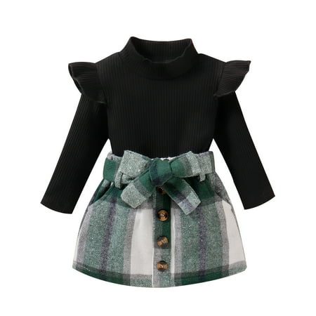 

Girls Spring and Autumn Long Sleeve Short Skirt Two-piece Round Neck Solid Color Flying Sleeve Top Plaid Bow Small Skirt Suit Fashion Two-piece Set