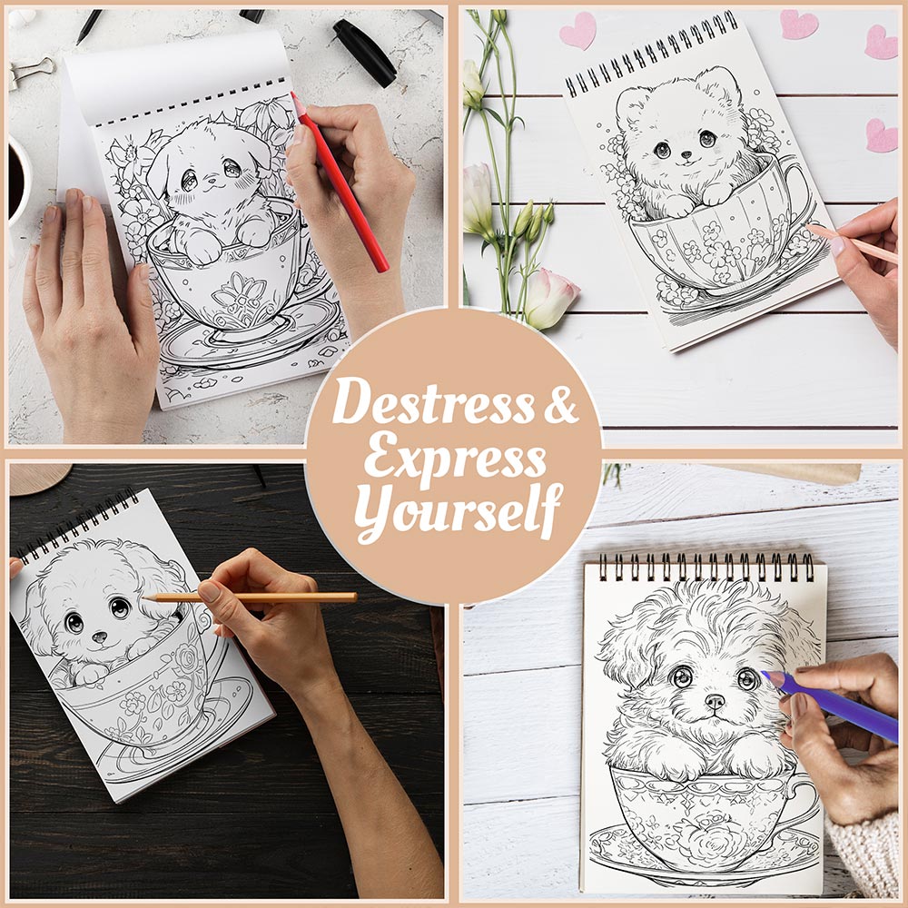 Netecom Teacup Puppies Coloring Book Spiral Bound for Adults, A5 Wooden Cover, 30 Adorable Puppies in Cute Teacups Coloring Pages for Stress Relief and Relaxation