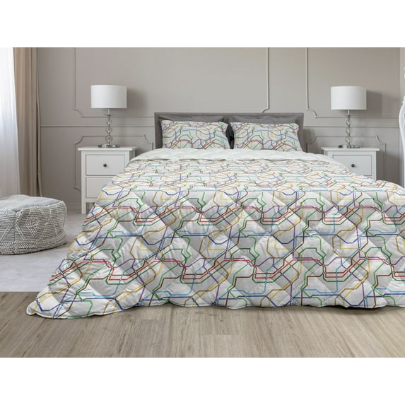 Map Comforter & Sham Bedding Set, Stripes in Vibrant Colors Metro Scheme Subway Stations Abstract Railroad Transportation, 3 pcs Duvet Set Microfiber Filling Quilt, 5 Sizes, Multicolor, by Ambesonne