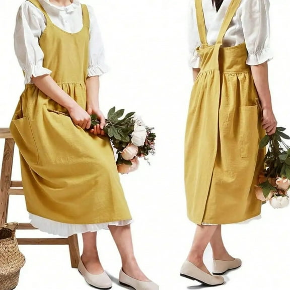 Japanese Linen Aprons for Women with Pockets Cross Back Cute Apron Dress for Gardening Painting Baking and Cooking