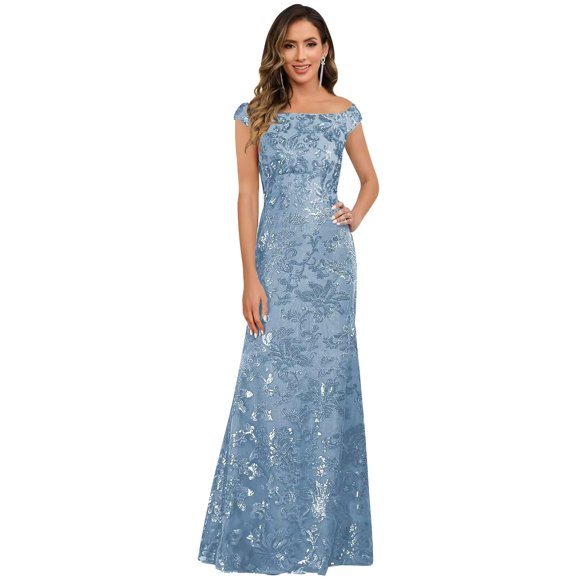 Vestido OFEYCHUN para la madre de la novia, azul claro, lentejuelas, talla 10