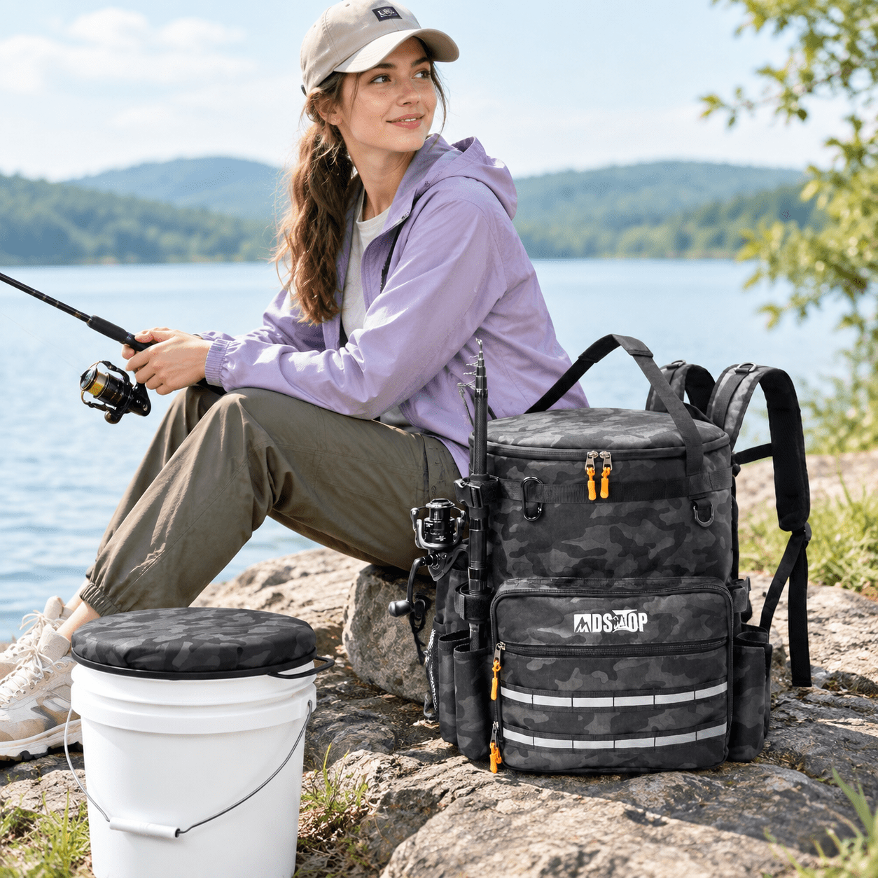Black Camo 5 Gallon Bucket Fishing Tackle Storage Bag with Seat and Backpack Straps