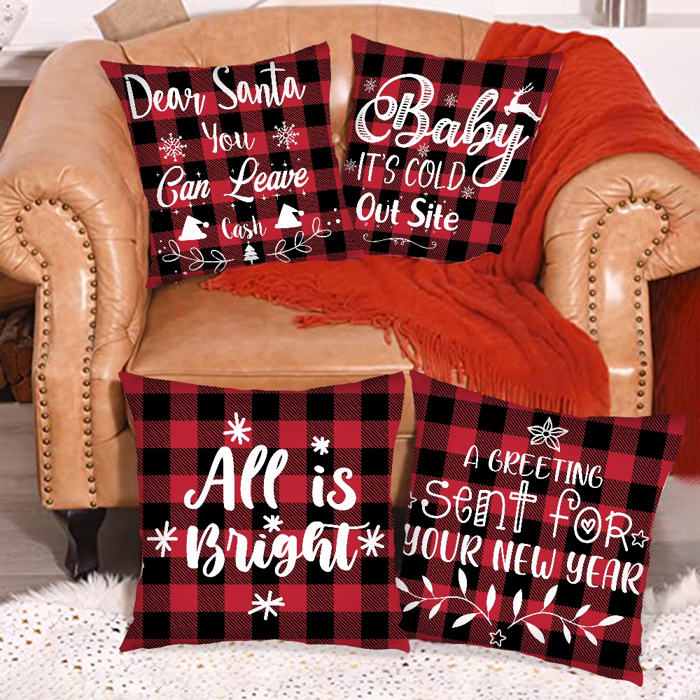 4Pcs Winter Farmhouse Throw Pillows Cover Decorations Holiday Buffalo Plaid Pillow Covers 18x18 Merry Christmas Pillows for Couch Sofa Home Decor Xmas Cushion Covers Outdoor Decor - image 4 of 9