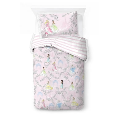 Princess Floral Gardens 2-Piece Twin/Full Reversible Comforter Set, Polyester Microfiber, Pink & White, Disney