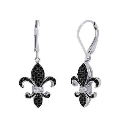 Lever Back Black And White Diamond Fleur De Lis Earrings In 10k Gold 1 3 Cttw Lever Back Black And White Diamond Fleur De Lis Earrings In 10k Gold 1 3 Cttw
