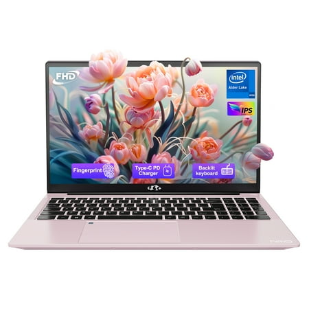 2025 Newest Laptop, 15.6-Inch FHD Display Laptop with Intel Quad Core-12th N100(Up to 3.4GHz), 16GB RAM 1TB ROM Business Laptop Computer, Fingerprint, Type C, Windows 11 Home, Pink