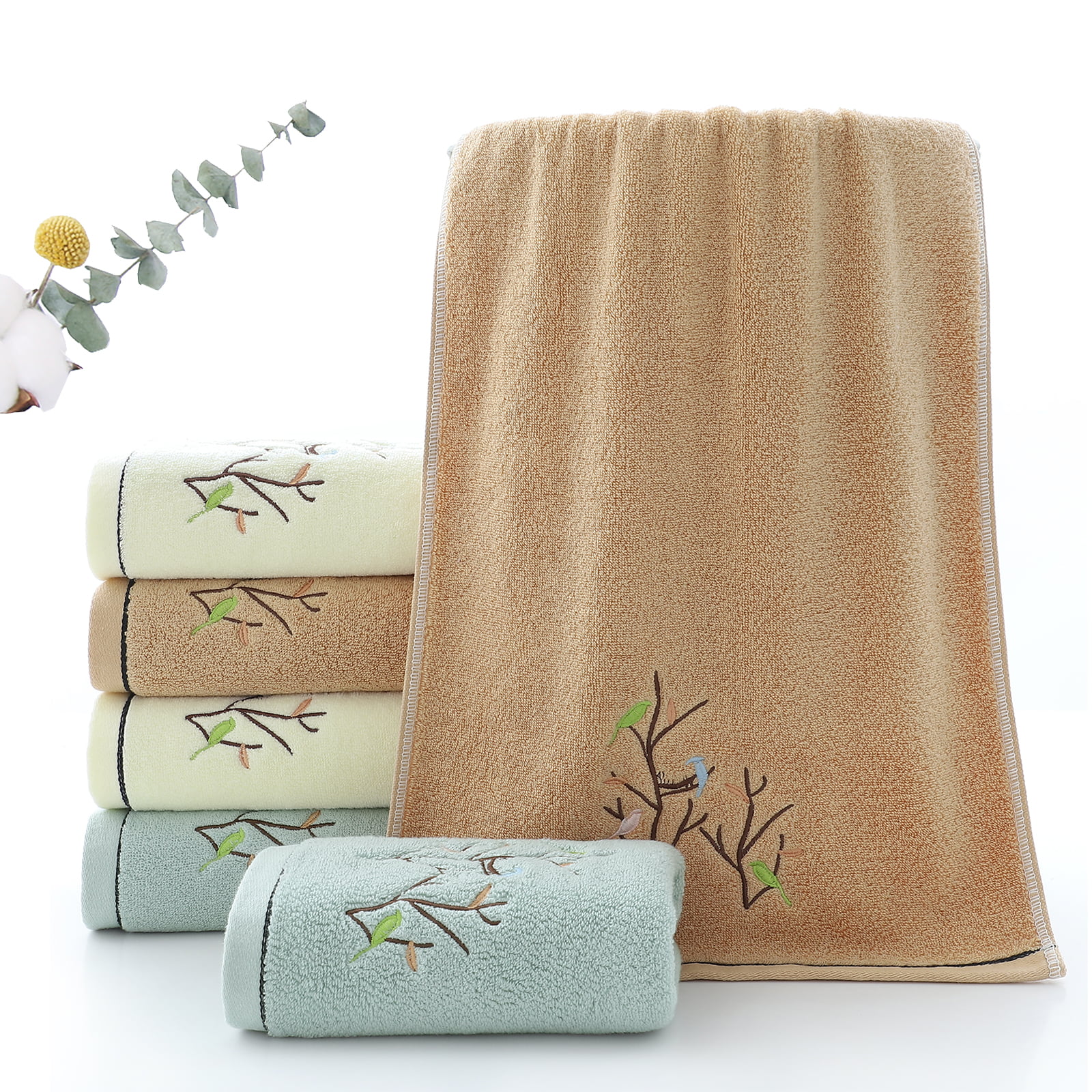 Pidada Bath Hand Towel Set of 3 Embroidered Bird Tree Pattern 100% Cotton  Soft Absorbent Decorative Towels for Bathroom (Light Yellow)