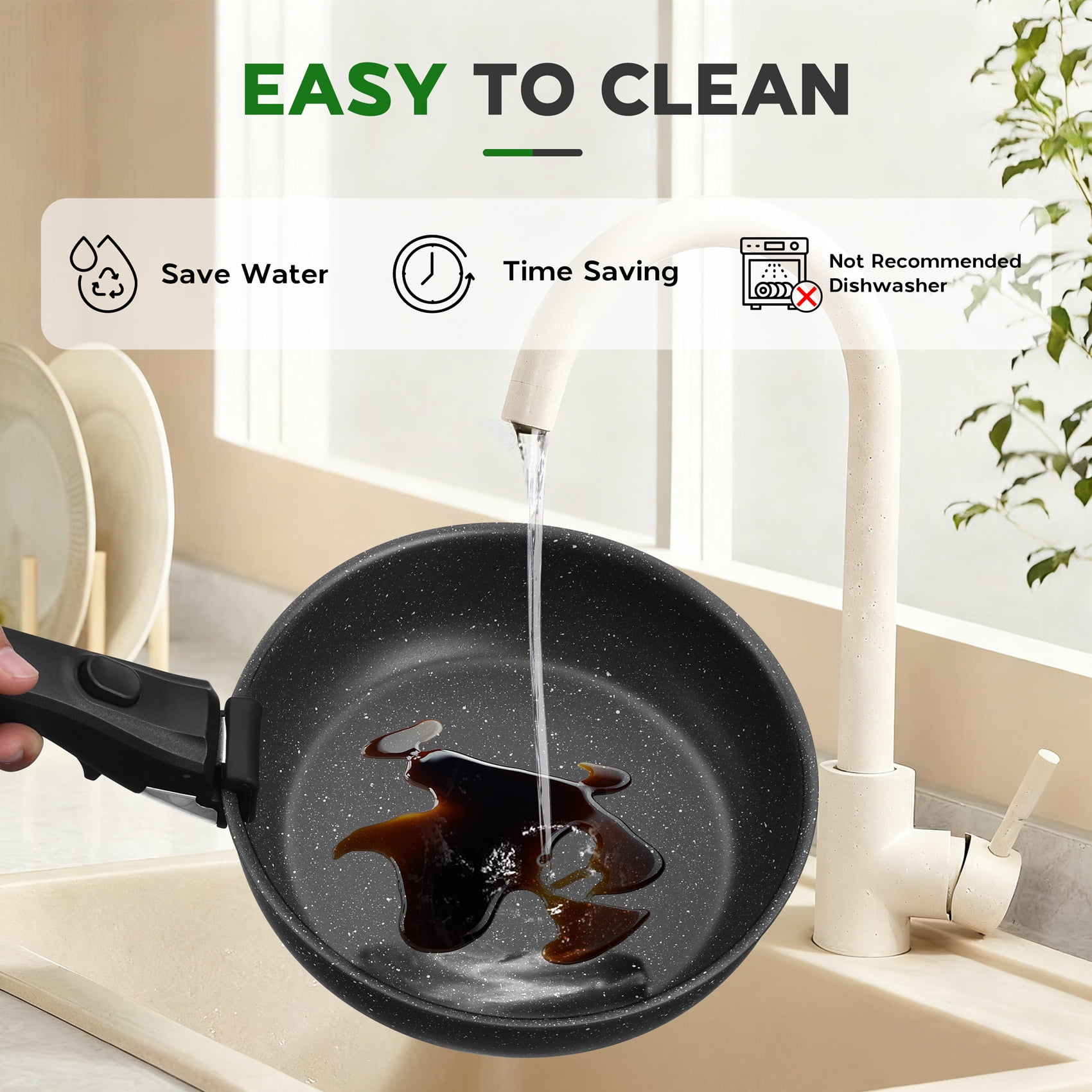 Walchoice 5Pcs Pots and Pans Set, Granite Nonstick Cookware Set with Detachable Handle, Stackable Kitchen Cooking Set with Saucepan Frying Pans, Induction Compatible & Oven Safe - Black