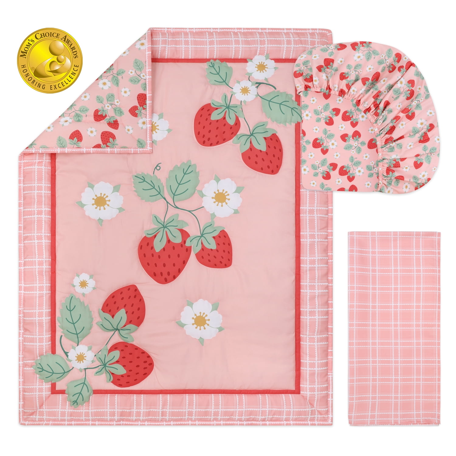 The Peanutshell Strawberry Sweet 3-Piece Baby Crib Bedding Set with Quilt Blanket, Crib Sheet, and Skirt