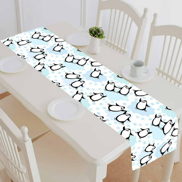 YUSDECOR Dancing Penguins Pattern Cotton and Linen Table Runner Kitchen Dining Room Supplies Size 14x72 Inch