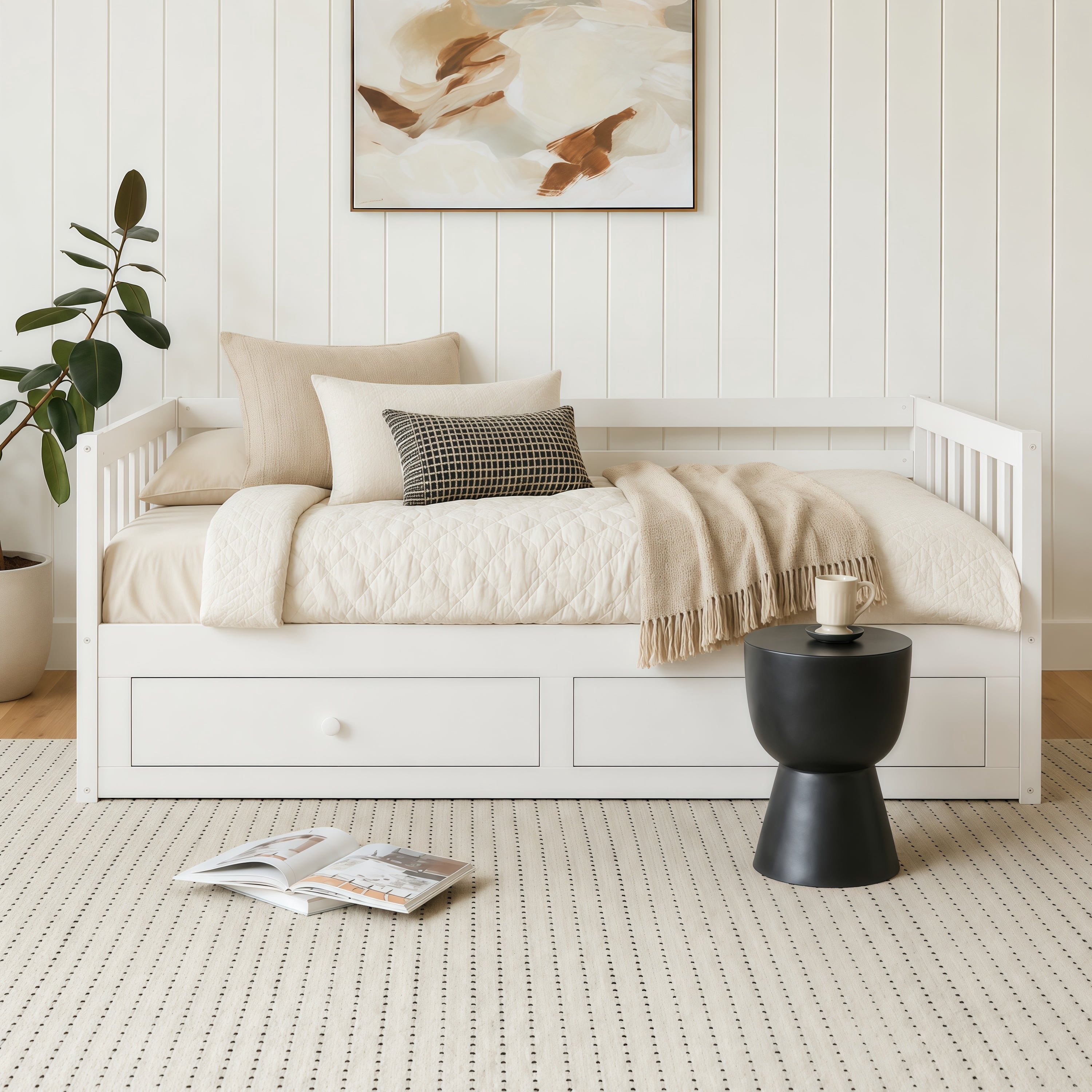 Euroco Wood Twin to King Size Daybed with Pull-out Trundle, Convertible Bed Frame with Drawers, No Box Spring Needed, White