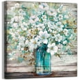thumbnail image 1 of Country Style Canvas Wall Art Teal Blue Mason Bottle White Flower Rustic Wall Decor Art Hanging in The Bedroom Bathroom Living Room Dining Room Office Fireplace Kitchen Murals Decor, 1 of 6