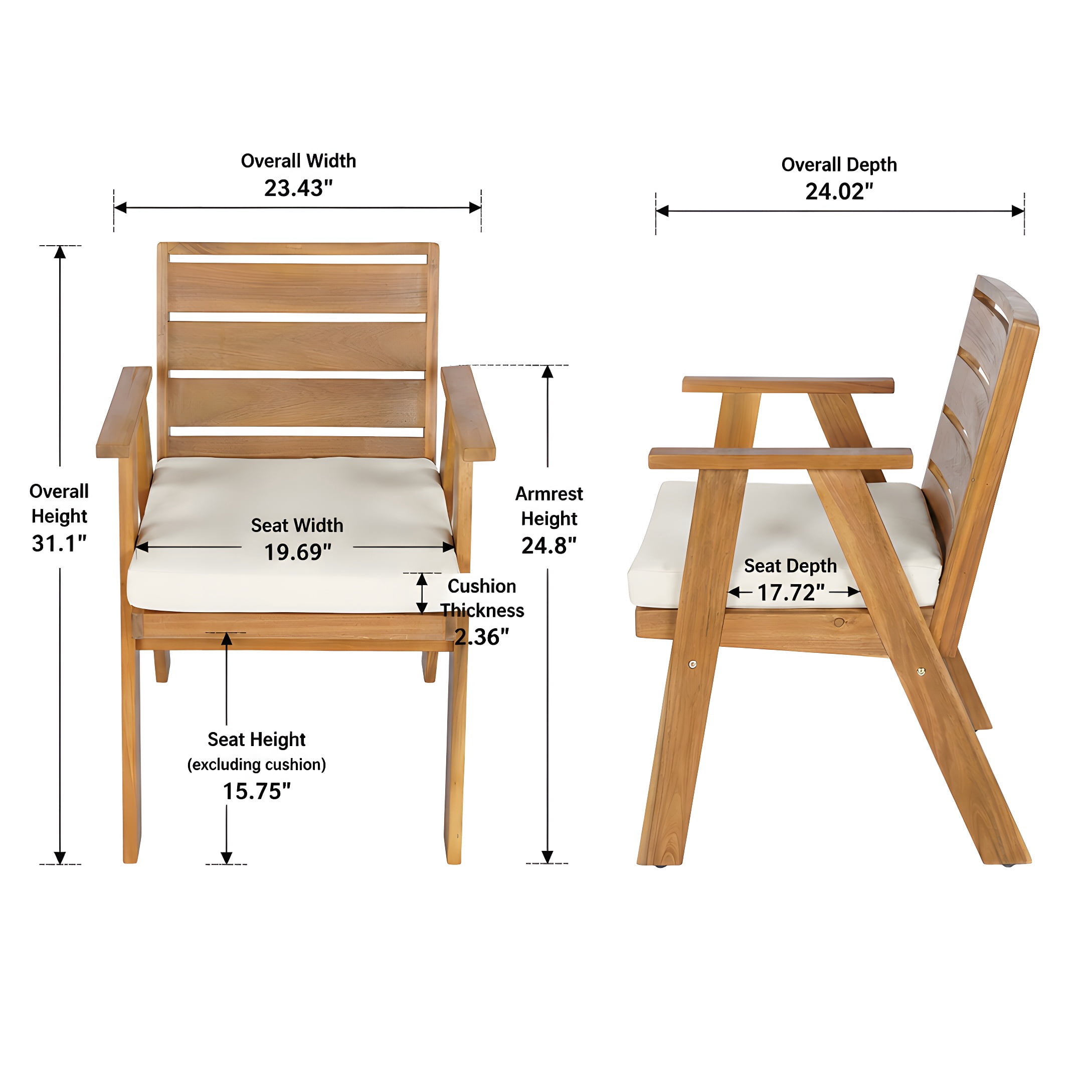 Set of 2 Outdoor Dining Chairs with Acacia Wood Frame and Beige Washable Cushions, Patio Chairs and Garden Seating for Backyard Poolside, Teak Finish