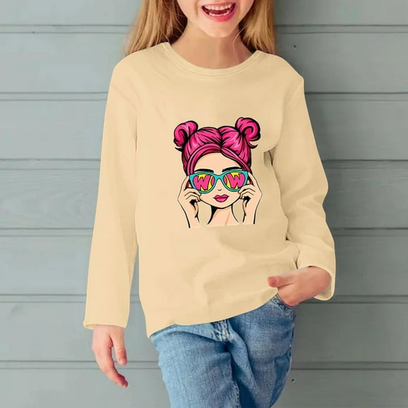 ZOYOEN Girls Long Sleeve T Shirts- Fashion Crewneck Casual Kids Graphic Tops Beige Size 5-6T