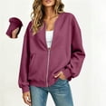 thumbnail image 4 of Chiccall Women's Full Zip Bomber Sweatshirt Jacket Thumb Hole Cuffs Oversized Long Sleeve V Neck Loose Casual Coat with Side Pockets, 4 of 7