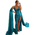 thumbnail image 3 of Vestidos largos de fiesta de lentejuelas de sirena brillantes para mujer, con abertura alta, cuello en V, tirantes finos con purpurina, vestidos formales de fiesta de noche, 3 of 5