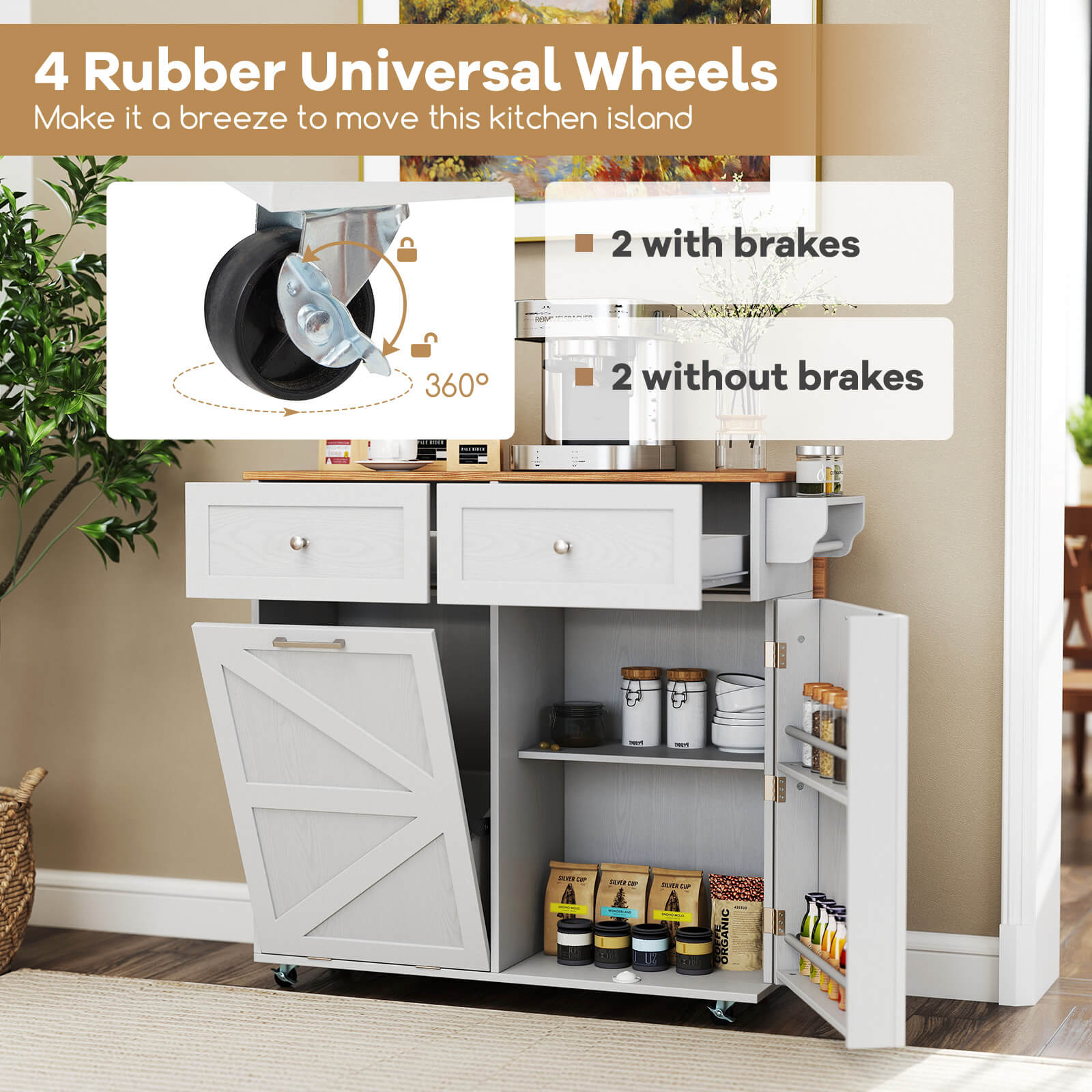 Costway Rolling Kitchen Island Kitchen Island Cart with Drop Leaf Trash Can Cabinet Gray