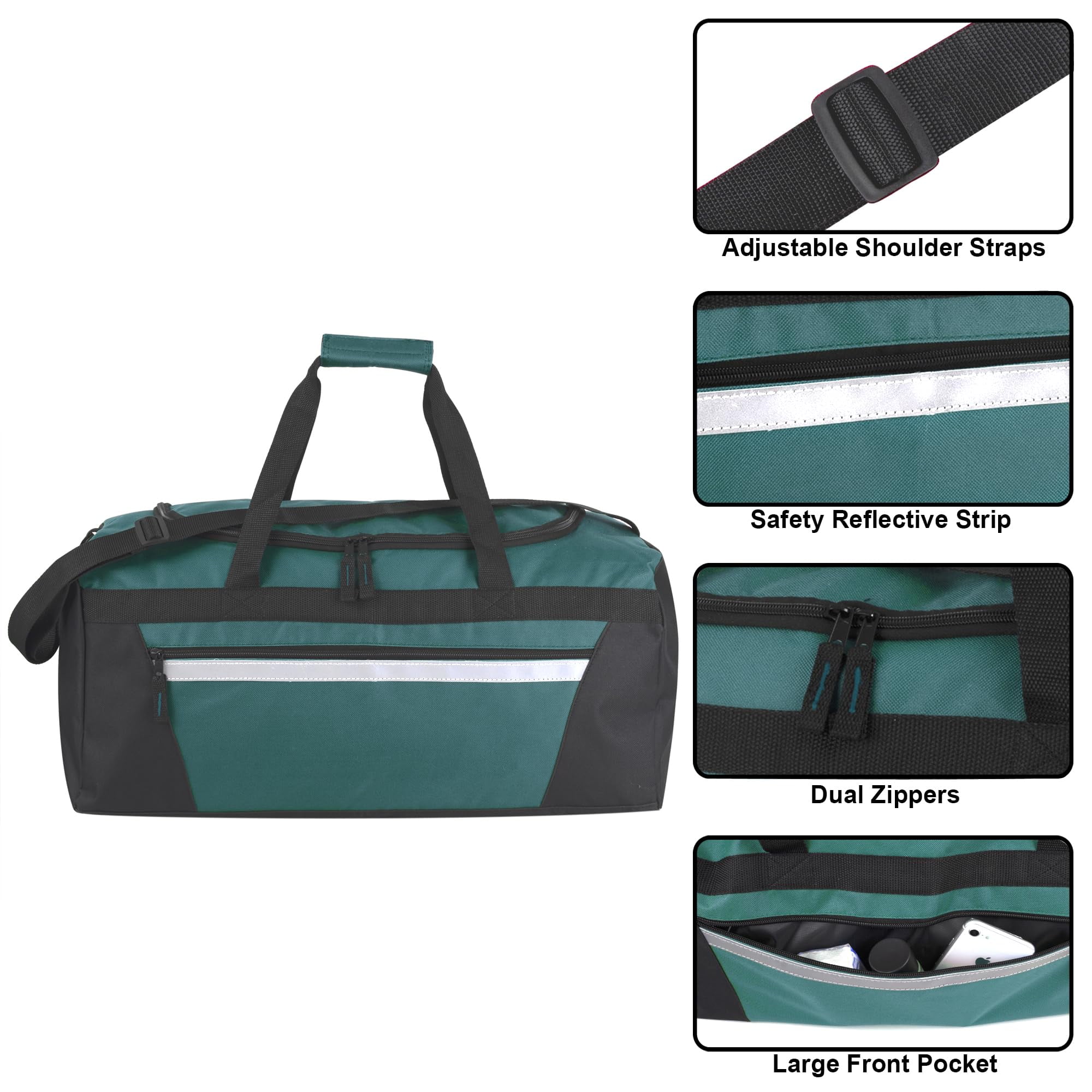 24 Pack of Bulk Wholesale 40 Liter 22 Inch Duffle Bags with Reflective Stripe, Front Accessory Pocket, Velcro Handles and Luggage Strap for Sports, Gym & Traveling in Green
