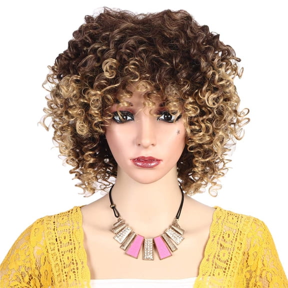 LEHAN Ombre Brown Short Kinky Curly Ladies Wigs Realistic Looking Heat Resistant Synthetic Fiber Full Cosplay Hair Replacement Wigs for Women With Free Wig Cap 10inch