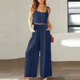 thumbnail image 2 of UAMVSH Women's 2 Piece Outfits Cotton Linen Palazzo Smocked Waist Slacks and Wide Strap Tank Tops Pantsuits Sleeveless Lounge Sets with Pockets(Small,Navy), 2 of 6