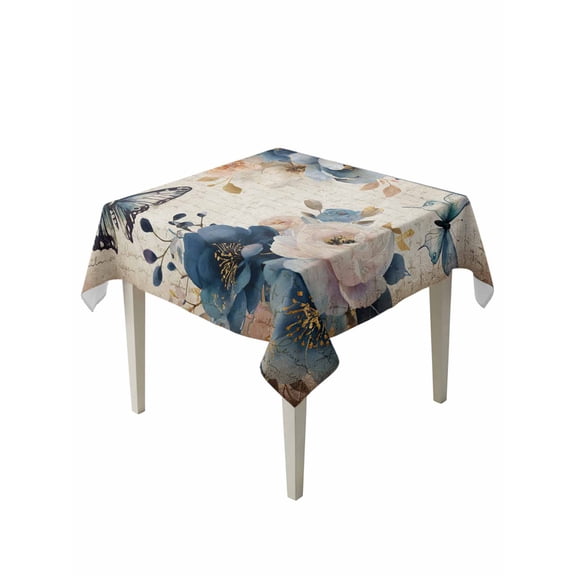 Vintage Blue Floral Table Cloth, Waterproof Tablecloth for Square Tables, Butterflies Watercolor Flower Tan Reusable Washable Fabric Table Cover for Restaurant Kitchen Dining Tables 60"x60"