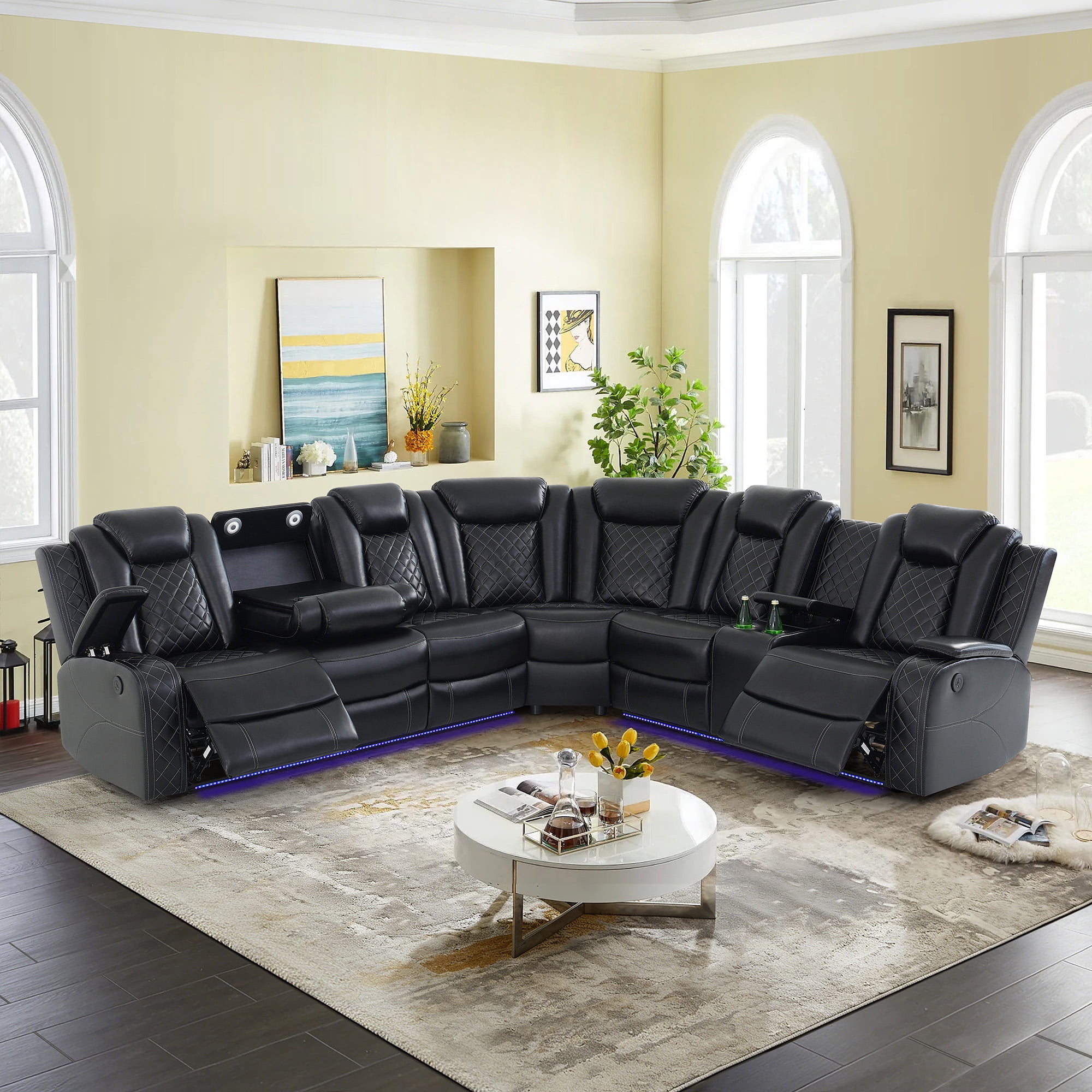 Gewnee Air Leather Power Recliner Sectional Sofa，L‑Shaped Recliner Couch with Cup Holders，Wireless Charging, LED Ambient Light, Console Storage，Home Theater Sofa for Living Room,Black