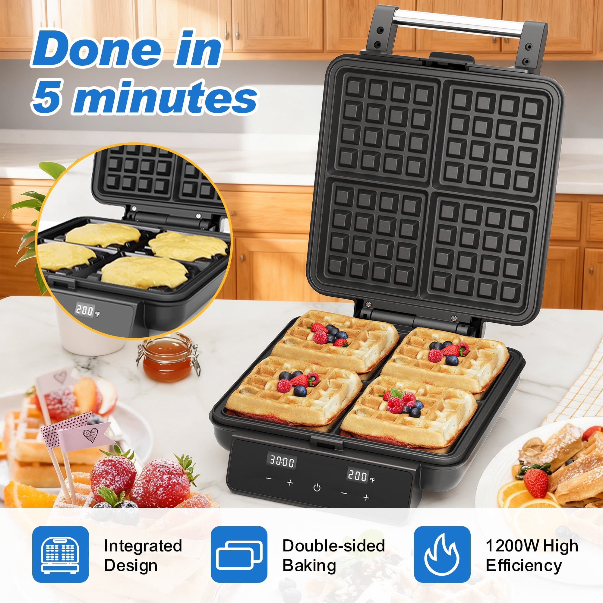 Sunvivi 4-Slice Belgian Waffle Maker, 1200W Waffle Iron with LCD Timer, Temp Control & Nonstick Plates, Stainless Steel, Black