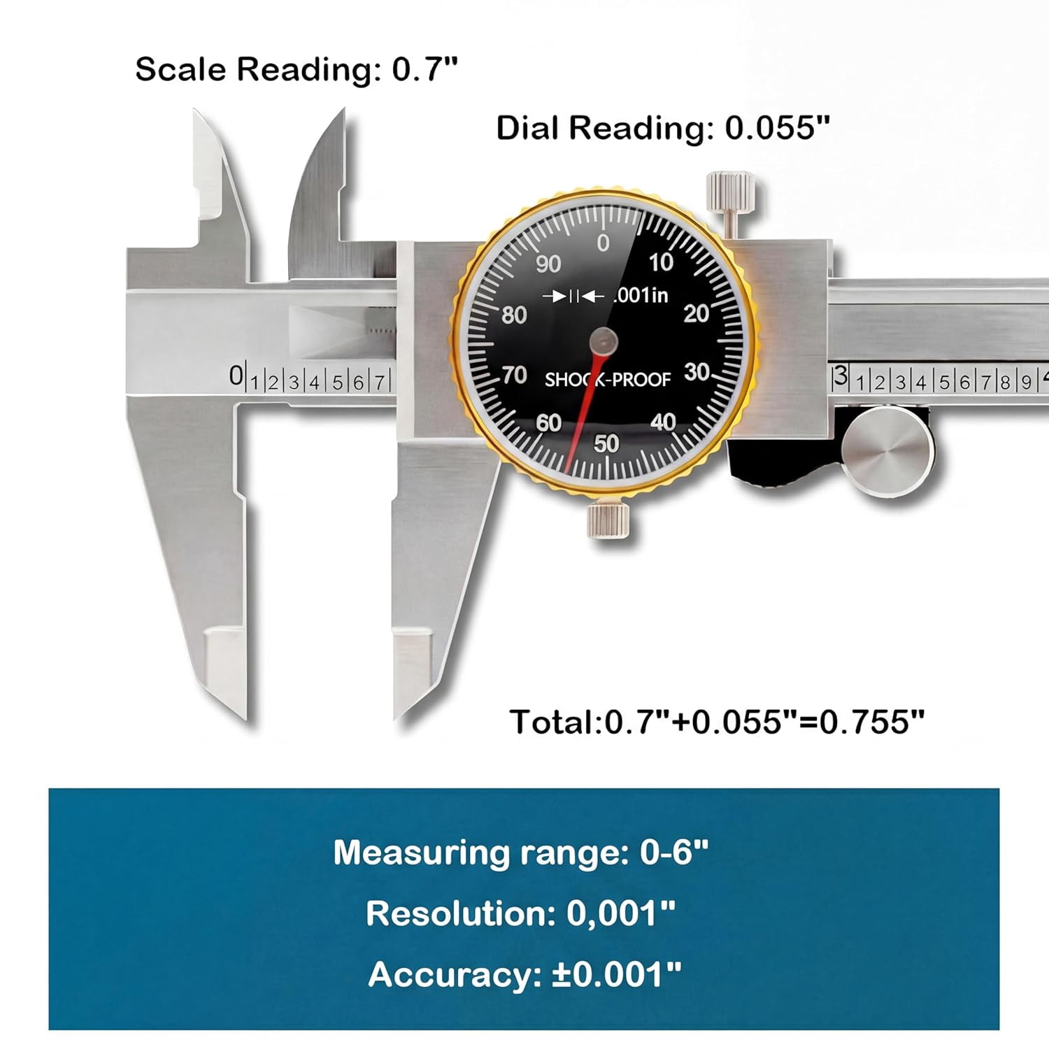 Precision 0-6" Dial Caliper Set with Protective Case - 0.001" Accuracy 4-Way Measuring Tool, Shock-Proof Stainless Steel, Ideal for Home & DIY Measurement