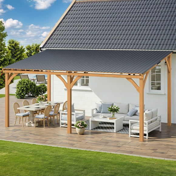 AECOJOY Gazebo en Bois 16 Pieds x 10 Pieds, Pergola Extérieure en Bois Robuste en Liquidation, Auvents à Toit Rigide Adossés pour Patio