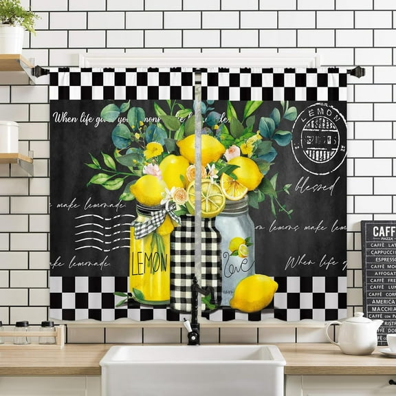 Lemon Fruit Kitchen Window Curtains 2 Panels 27.5W x 39H Rod Pocket Vintage Farmhouse Rustic Black White Buffalo Plaid Small Short Door Decor Bathroom Drapery Treatment
