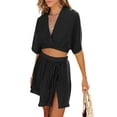 thumbnail image 3 of Women's Summer Clothes 2Pcs Outfits Solid Color Half Sleeve Wrap V-neck Cropped Tops + Slit Skirt Set Streetwear, 3 of 9